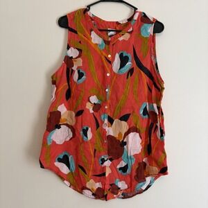 Floral Button-Up Sleeveless Tank Blouse Multicolor Linen Lightweight L